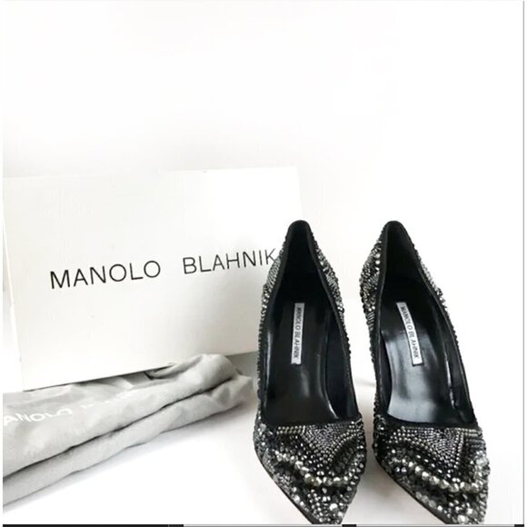 NWT Manolo Blahnik BB Black Satin Swarovski Embellished Crystal Pumps 9.5 - Picture 8 of 8